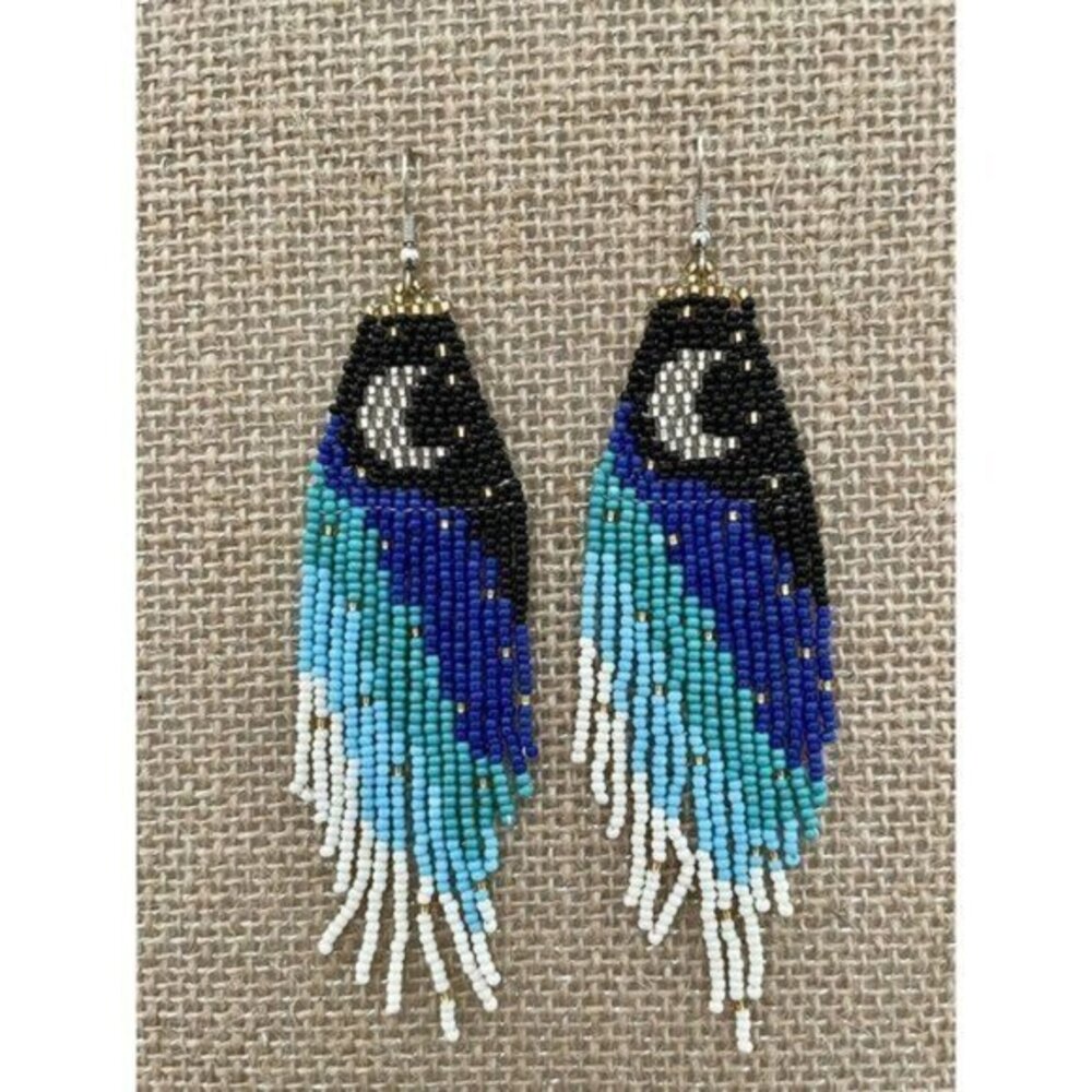 Handmade Miyuki Seed Bead Fringe Dangling Earrings Crescent Moon Blue Sky NWT